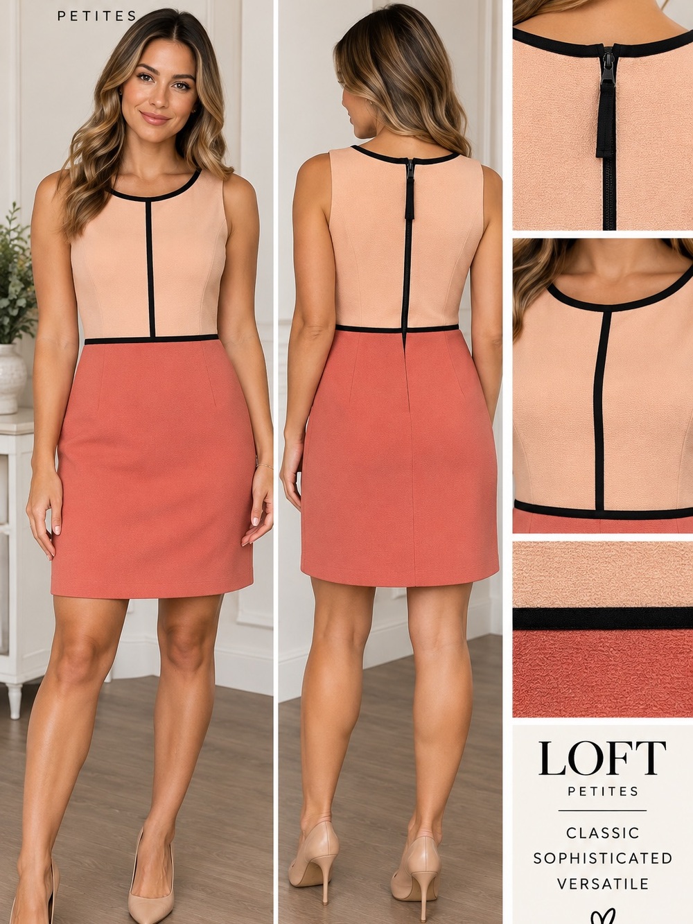 LOFT Petites Colorblock Sheath Dress Size 4P Peach Coral Black